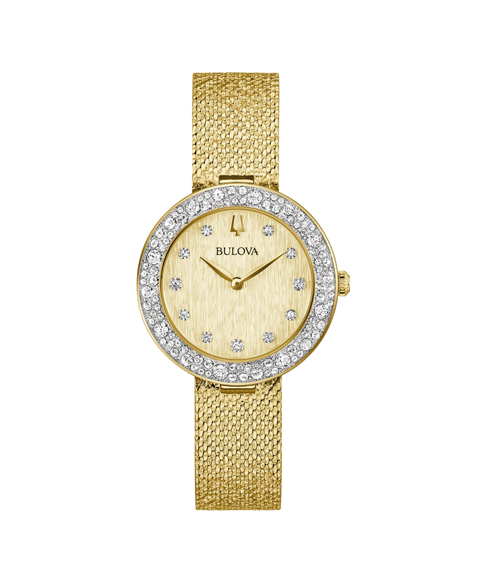 Gold watch with diamond-studded bezel on a white background, featuring the Bulova brand.