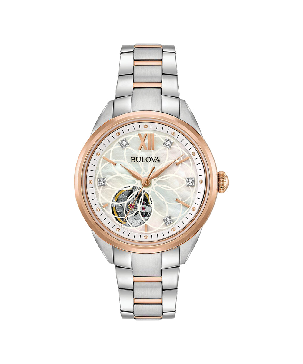 Bulova watch with two-tone rose gold and silver bracelet on a white background
