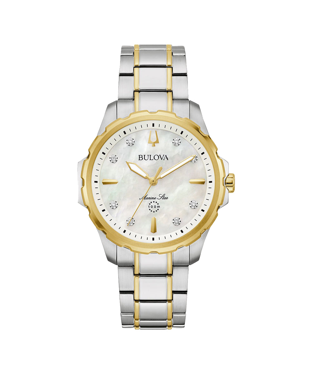 Bulova watch with two-tone silver and gold band on white background