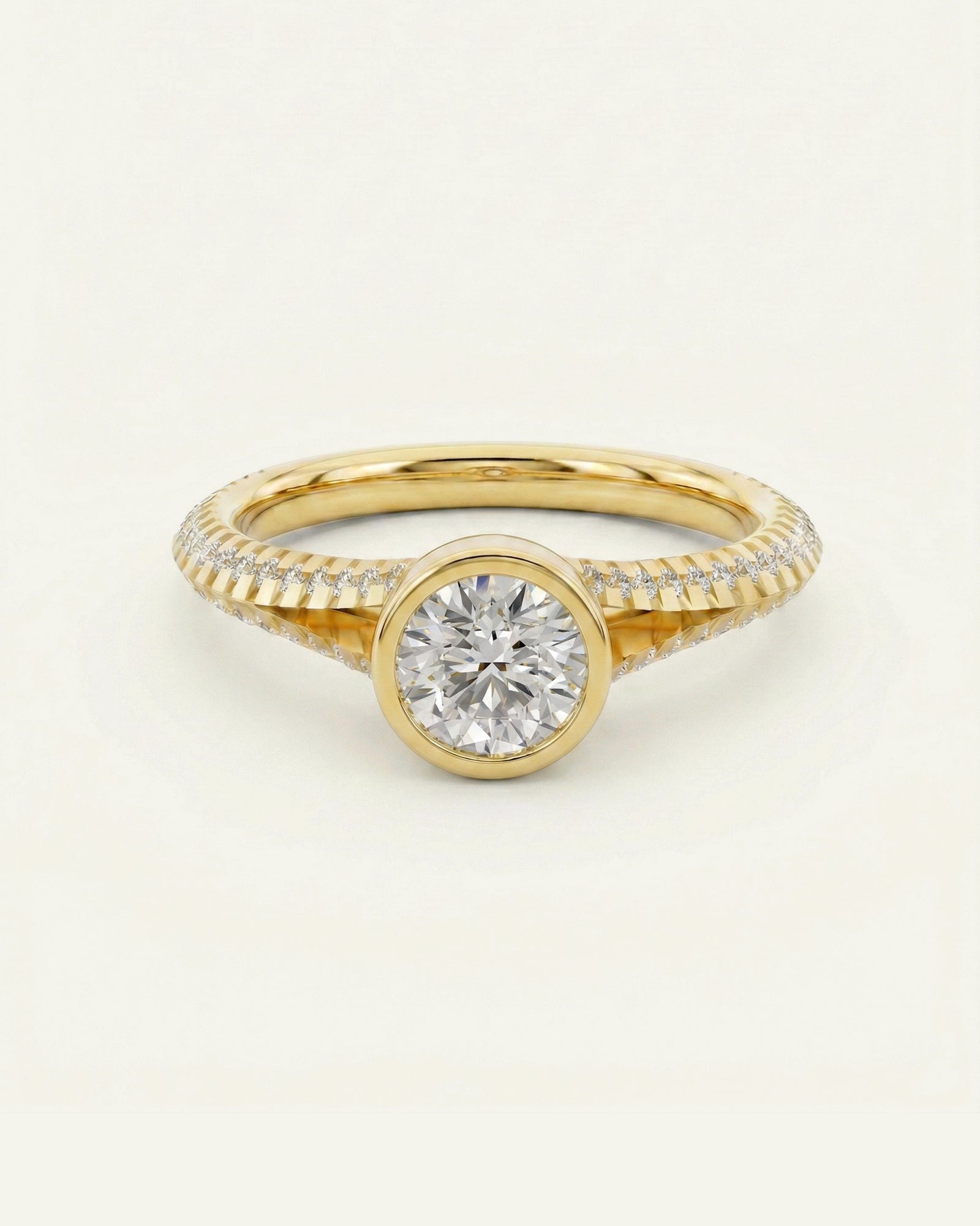Gold ring with a diamond on a light beige background