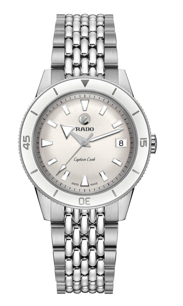 Silver Rado watch with a white face on a white background