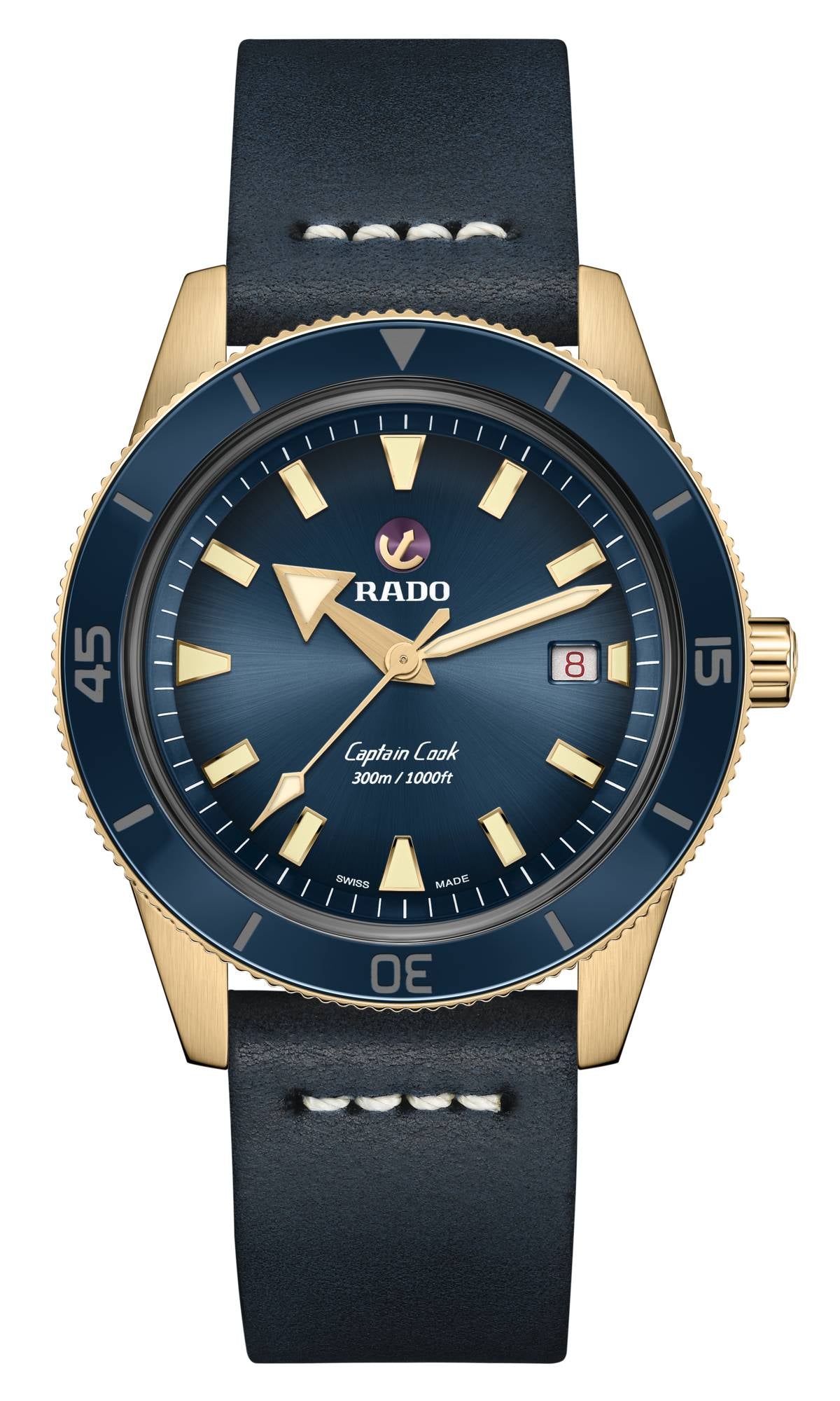 Watch with blue face and black leather strap on a white background