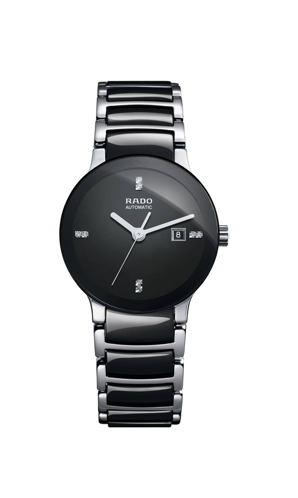 Rado watch with black dial and silver bracelet on a white background