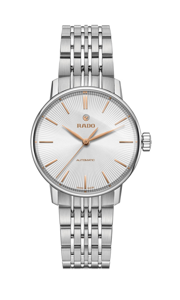 Silver Rado watch with a white face on a white background
