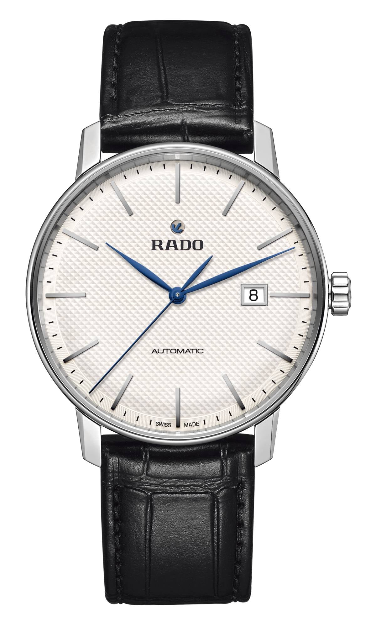Rado watch with black leather strap and white face on a white background