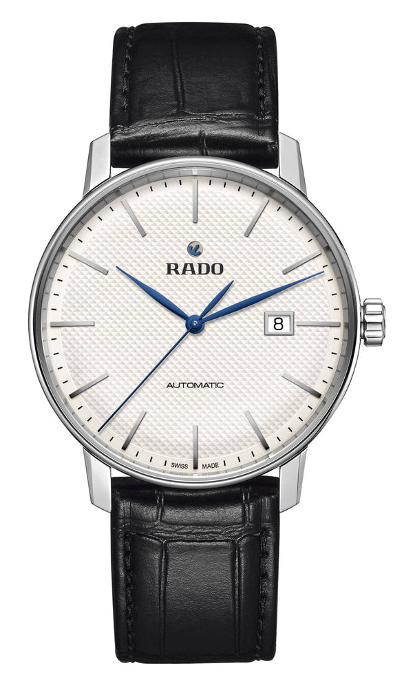 Rado watch with black leather strap and white face on a white background