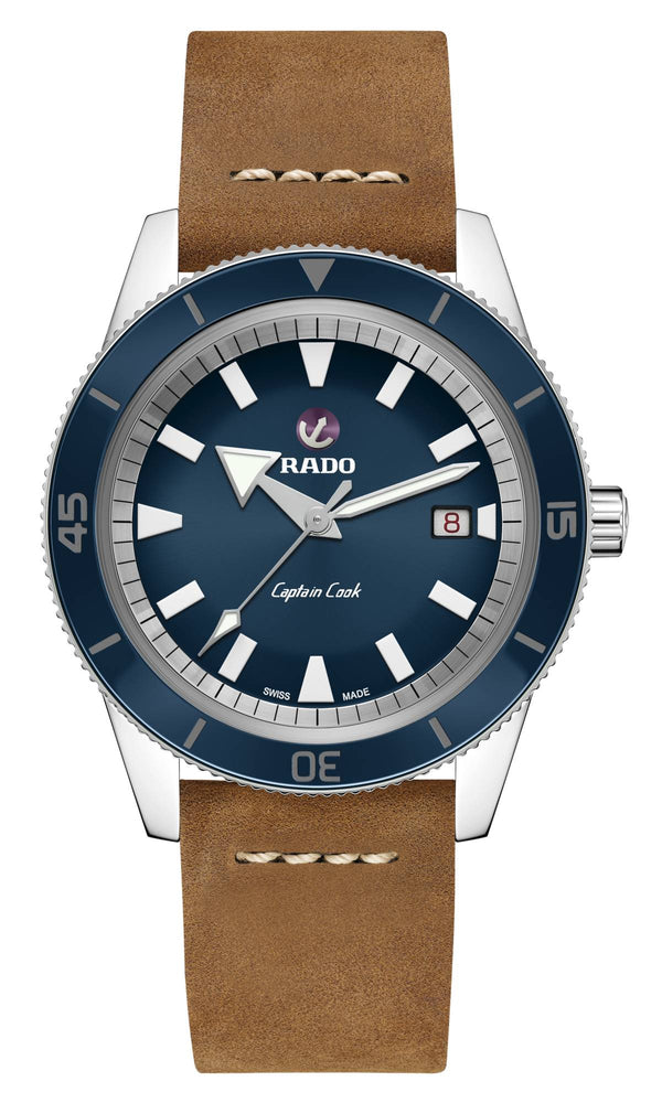 Watch with brown leather strap and blue dial on a white background