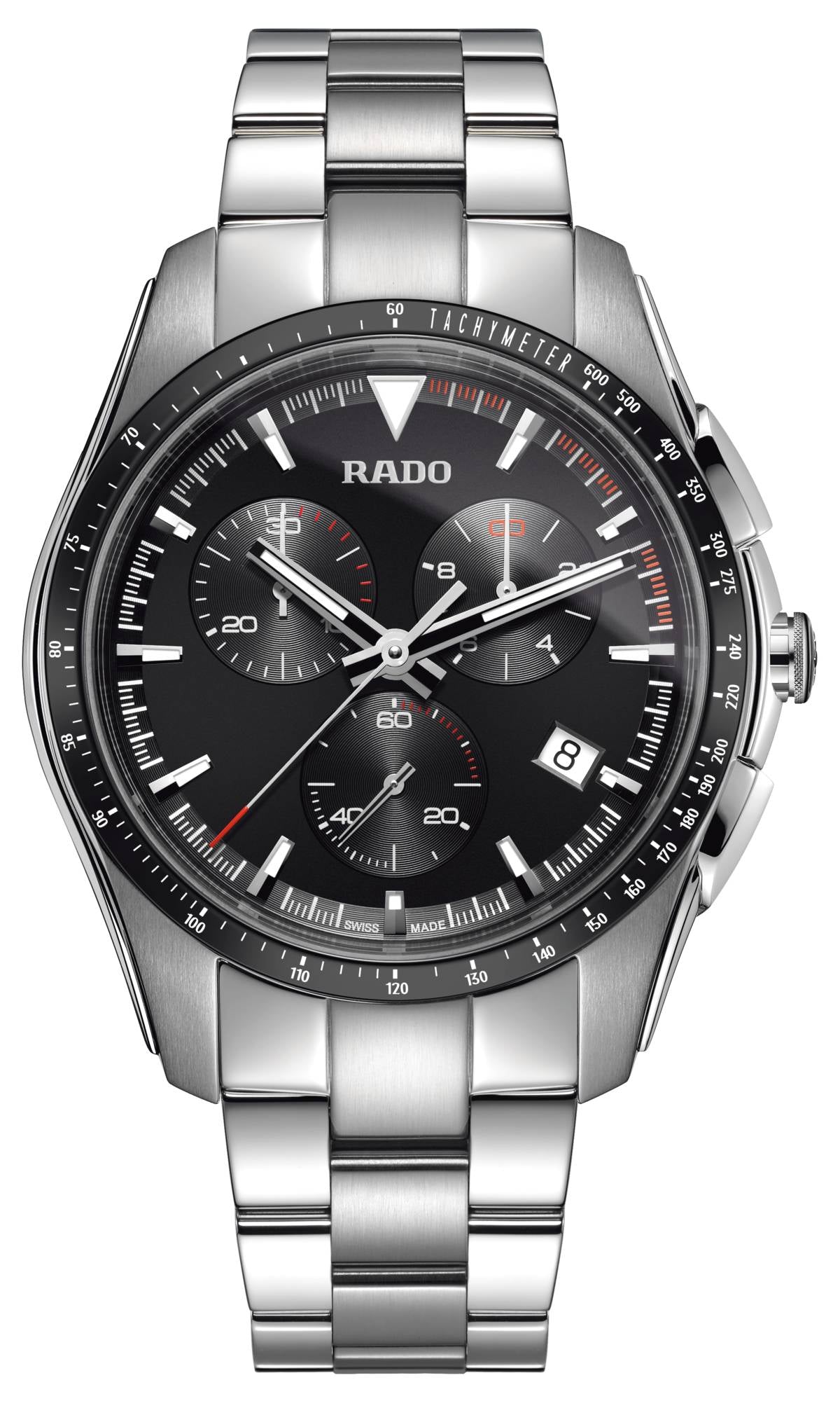 Silver Rado watch with a black dial on a white background