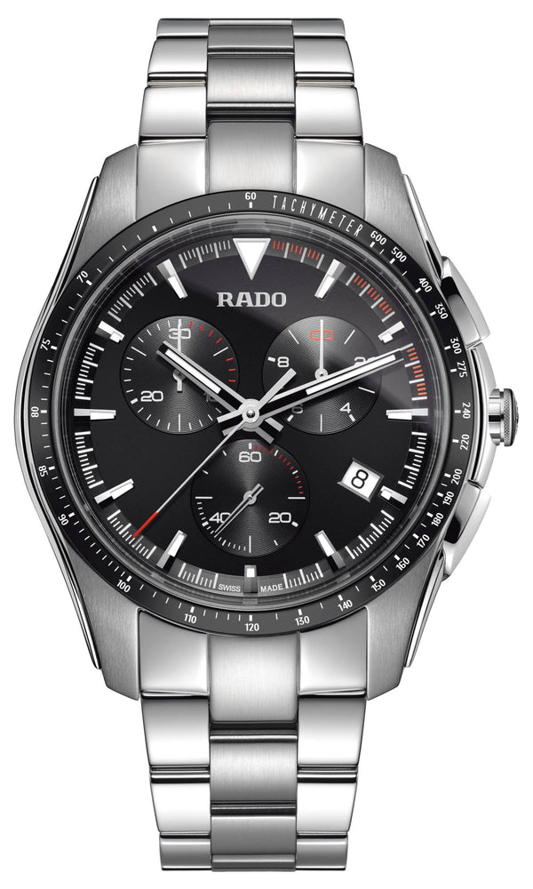 Silver Rado watch with a black dial on a white background