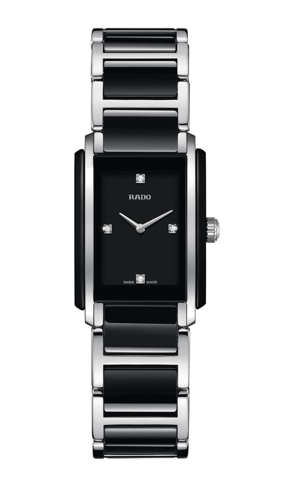Rado watch with black face and silver band on a white background