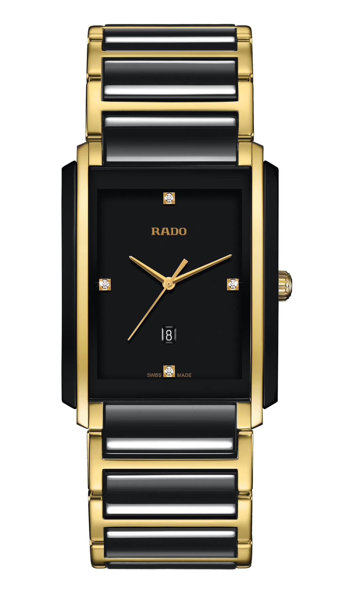 Rado watch with black and gold band on a white background