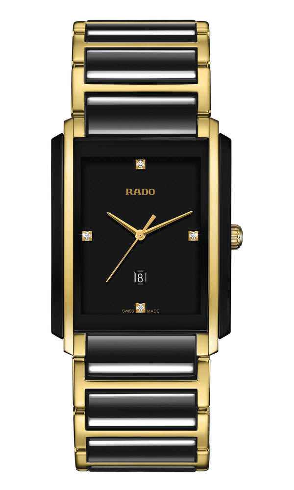 Rado watch with black and gold band on a white background