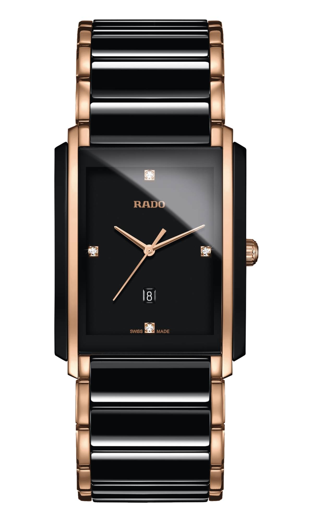 Rado watch with black and rose gold design on a white background