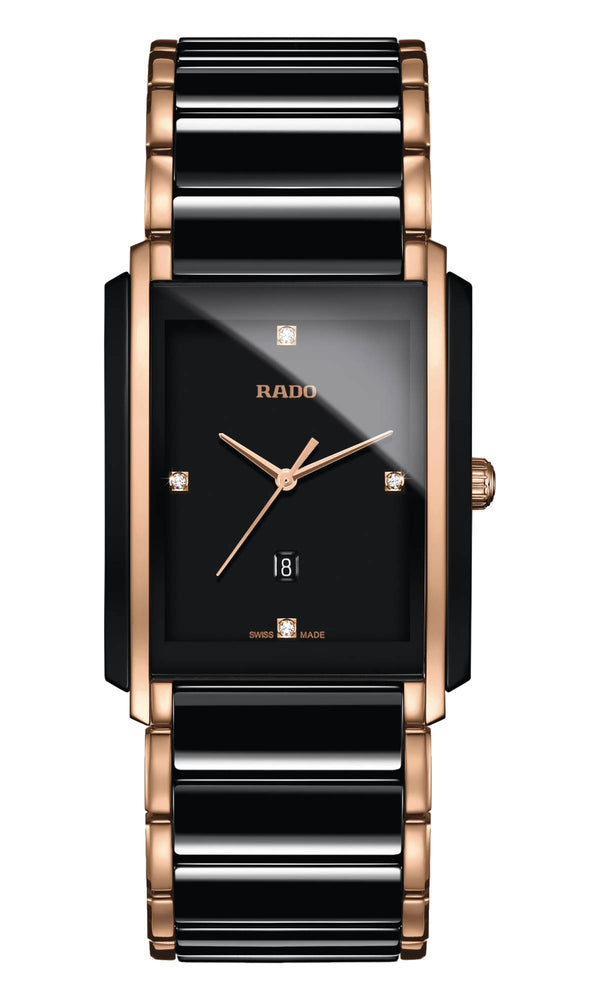 Rado watch with black and rose gold design on a white background