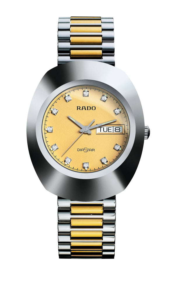 Two-tone Rado watch with a gold and silver band on a white background