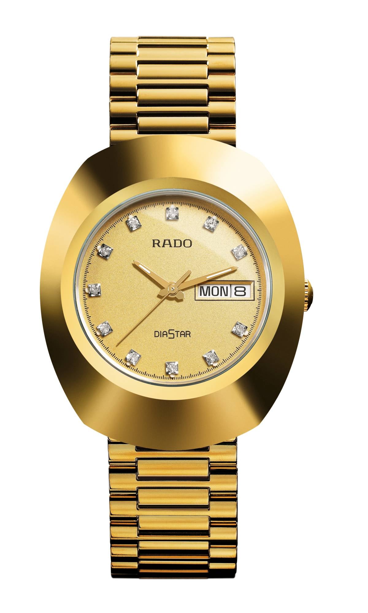 Gold Rado watch with diamond-studded face on a white background