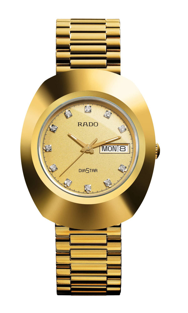 Gold Rado watch with diamond-studded face on a white background