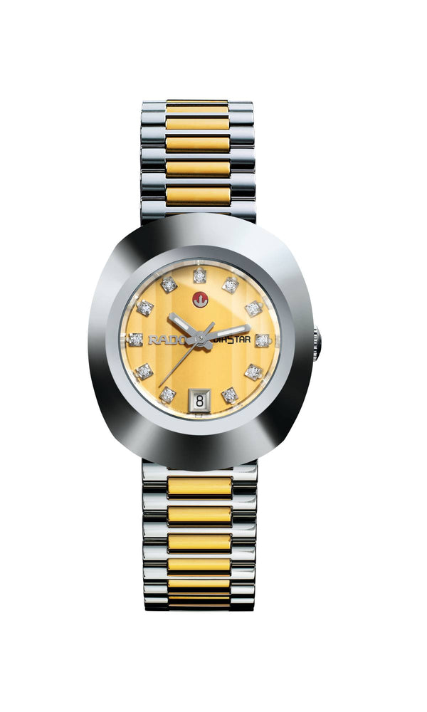 Watch with a yellow face and two-tone metal band on a white background