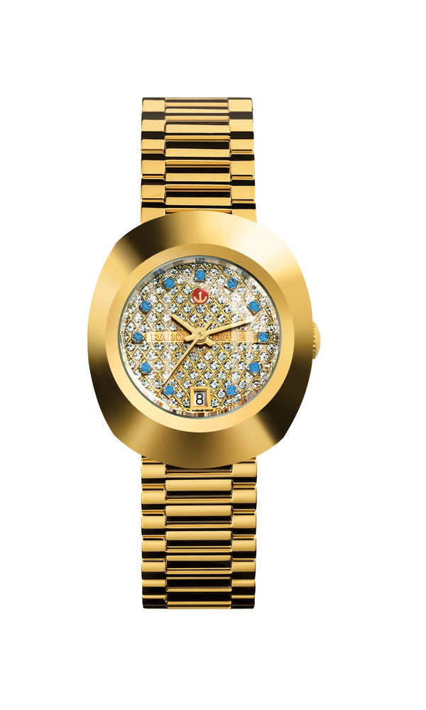 Gold watch with gemstone-studded face on a white background