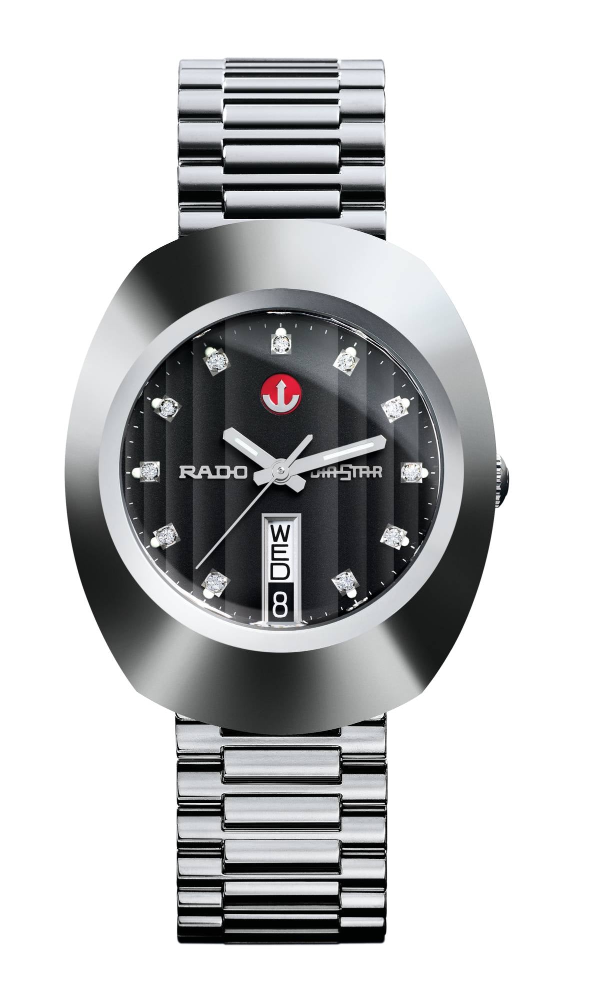Silver watch with black dial and brand logo on a white background