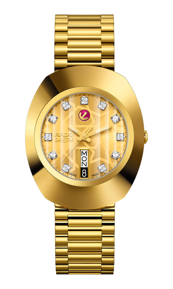 Gold wristwatch with diamond-studded face on a white background