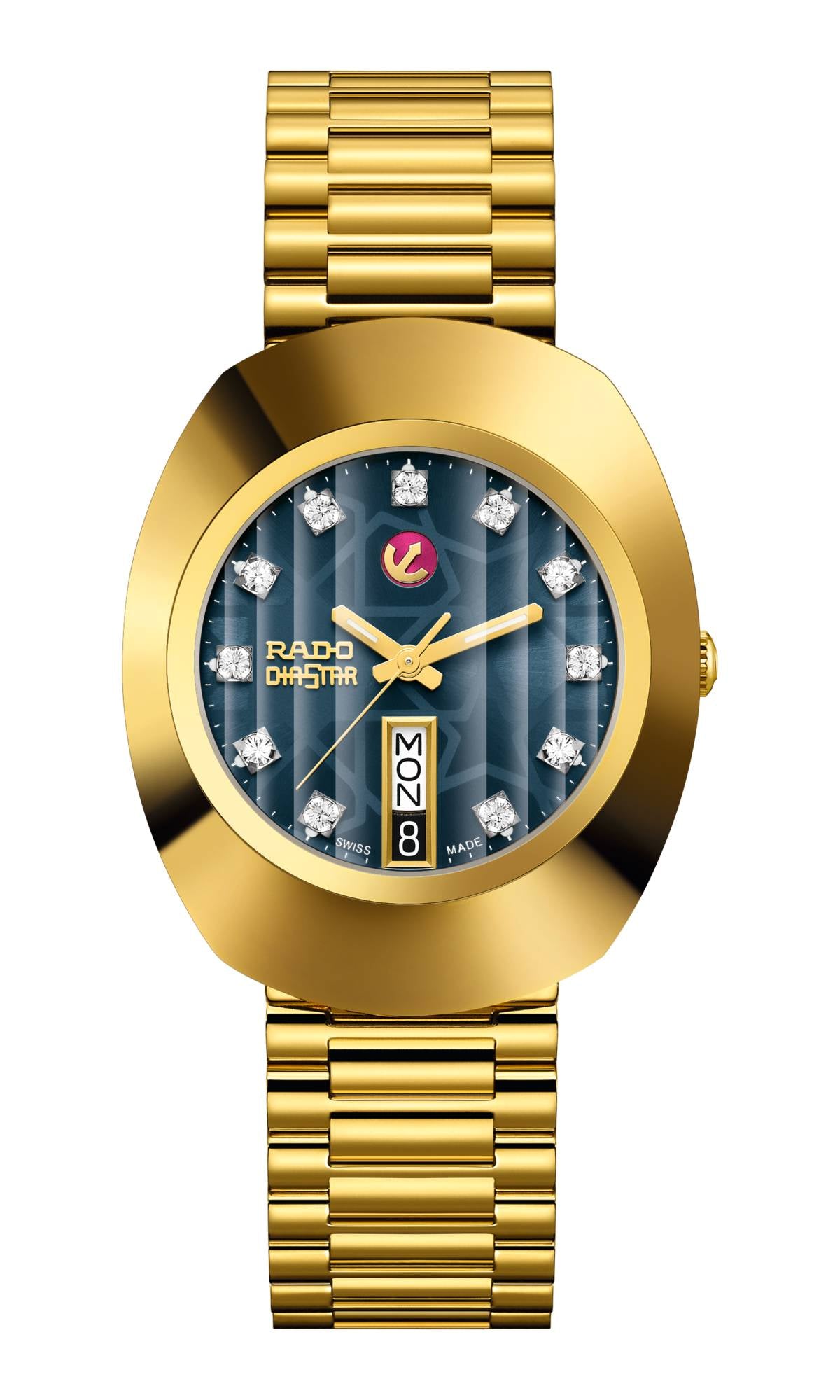 Gold wristwatch with a blue face featuring diamond-like stones on a white background