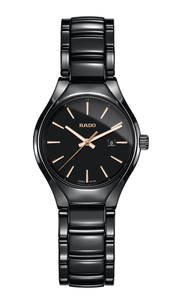 Black Rado watch with a black strap on a white background