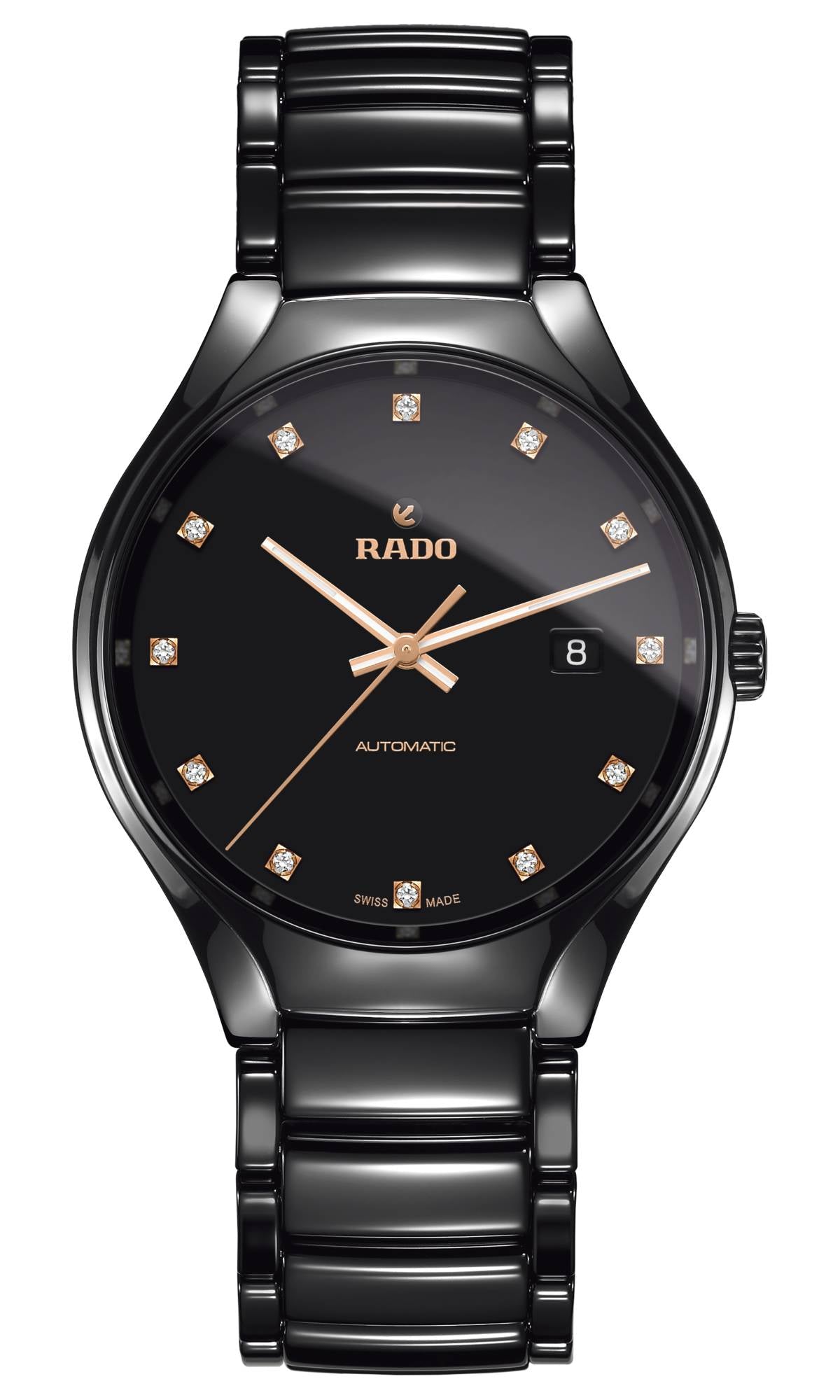 Black Rado watch with diamond-studded face on a white background