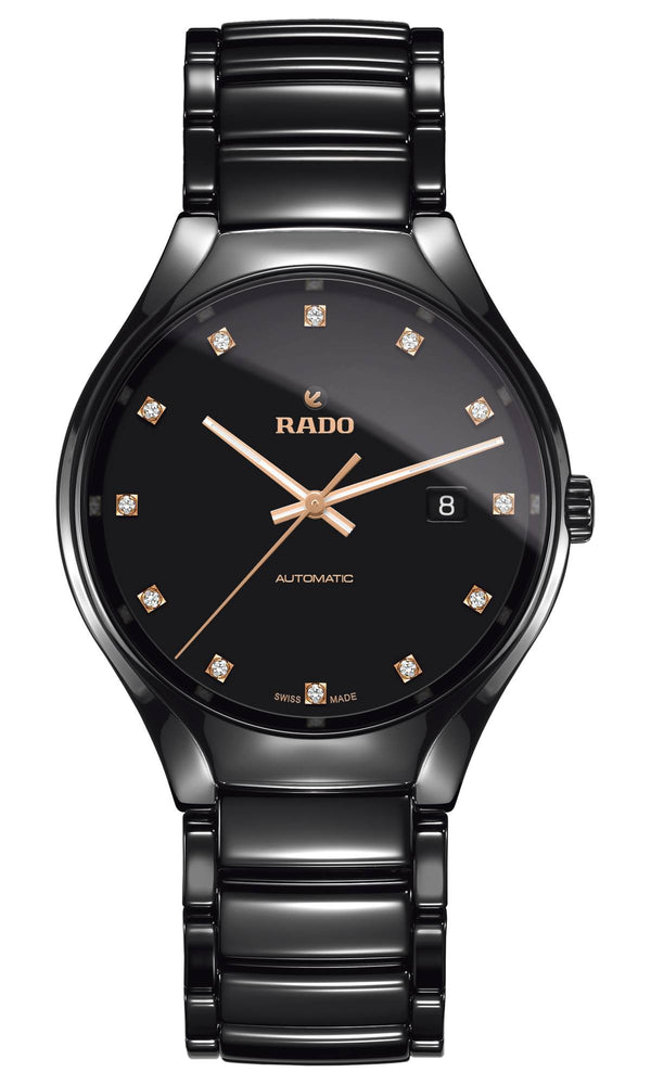 Black Rado watch with diamond-studded face on a white background