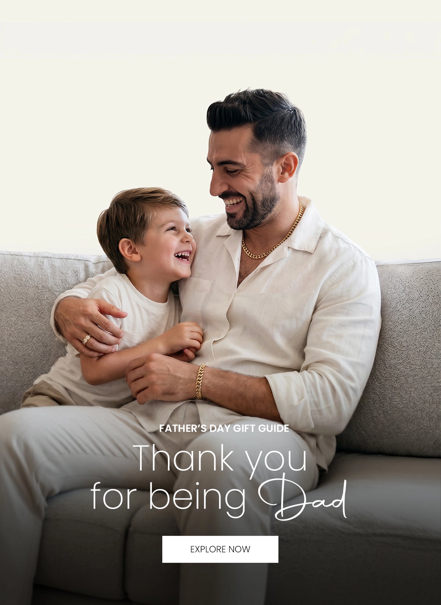 Man and child sitting on a couch with text about Father's Day gifts.