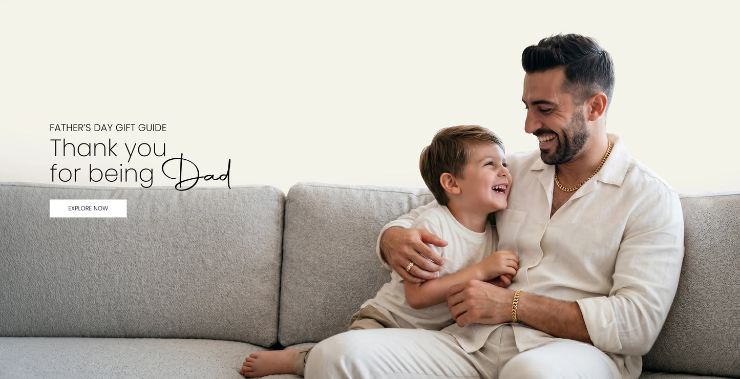 Man and child sitting on a couch with text about Father's Day gifts.