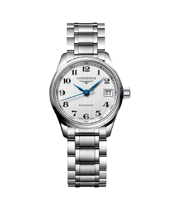 Silver watch with a white dial on a white background