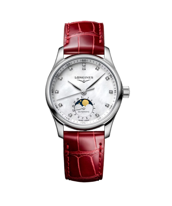 Longines watch with a red leather strap on a white background