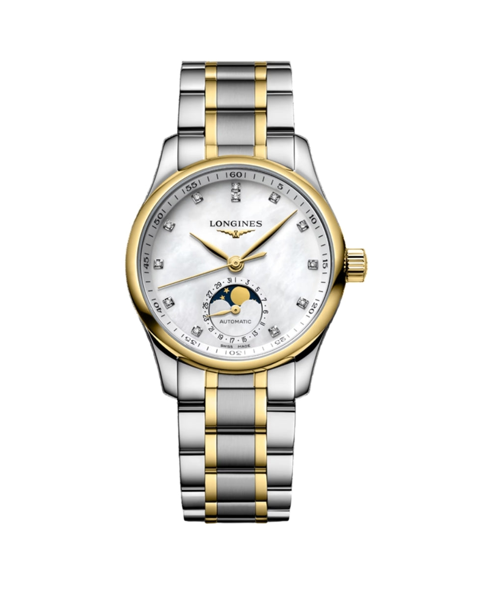 Luxury watch with two-tone metal strap on a white background
