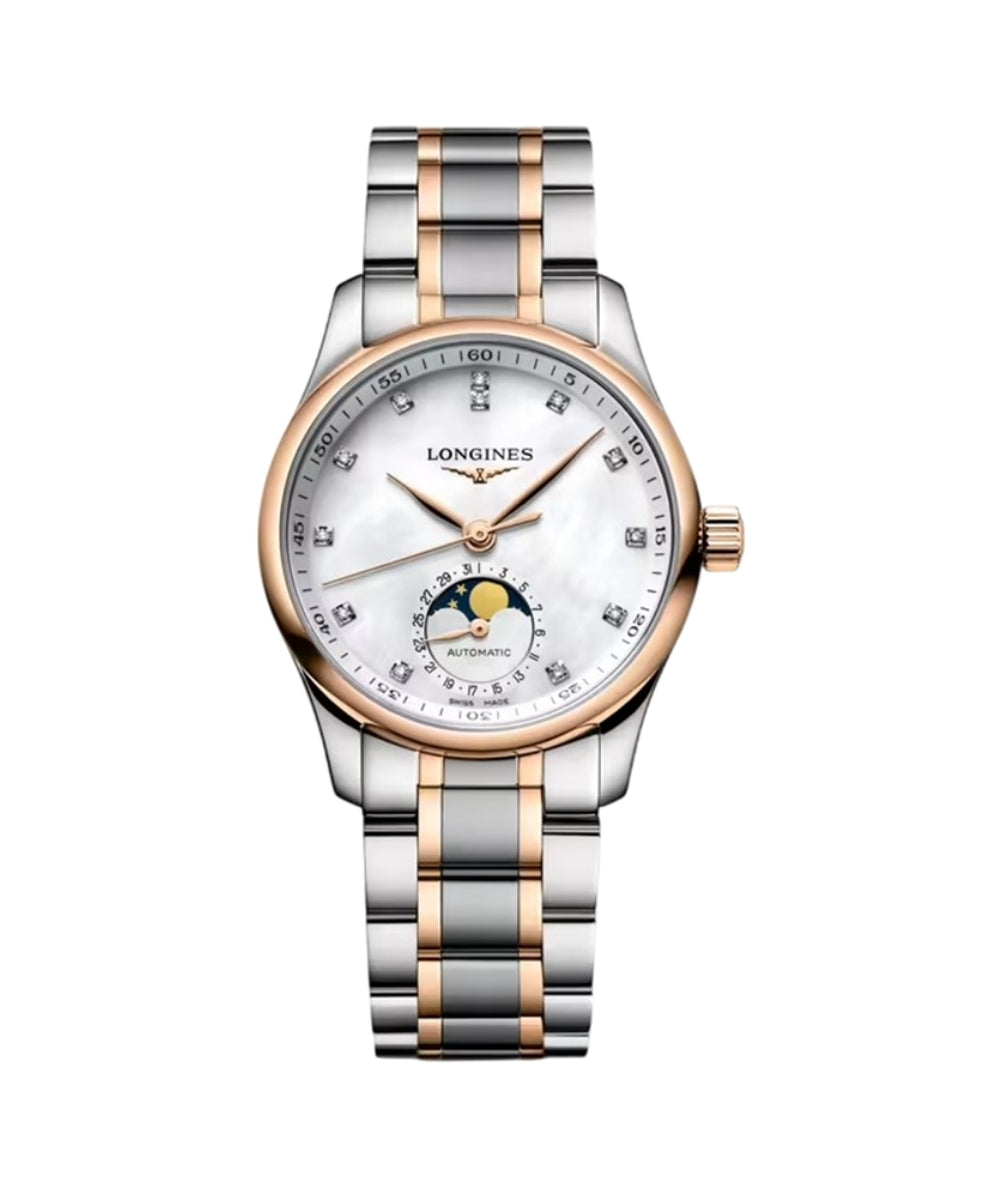 Luxury watch with silver and rose gold band on a white background