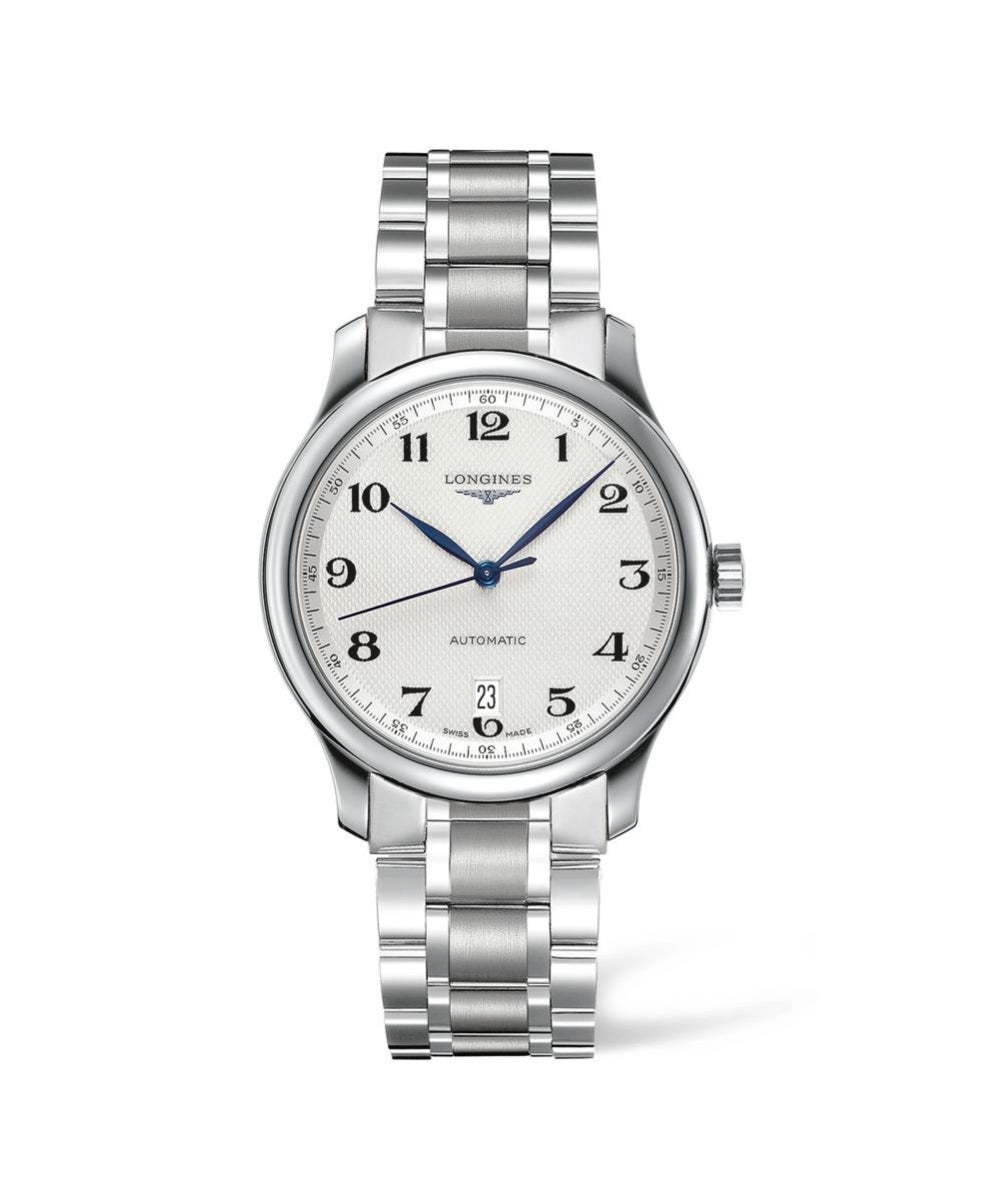 Silver watch with a white face on a white background