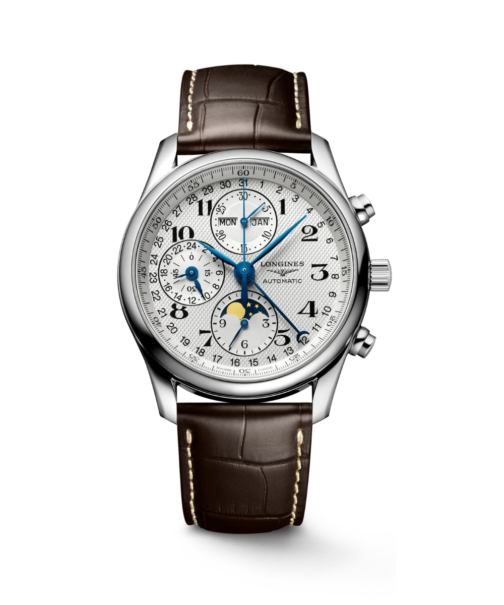 Luxury wristwatch with detailed face and brown leather strap on a white background