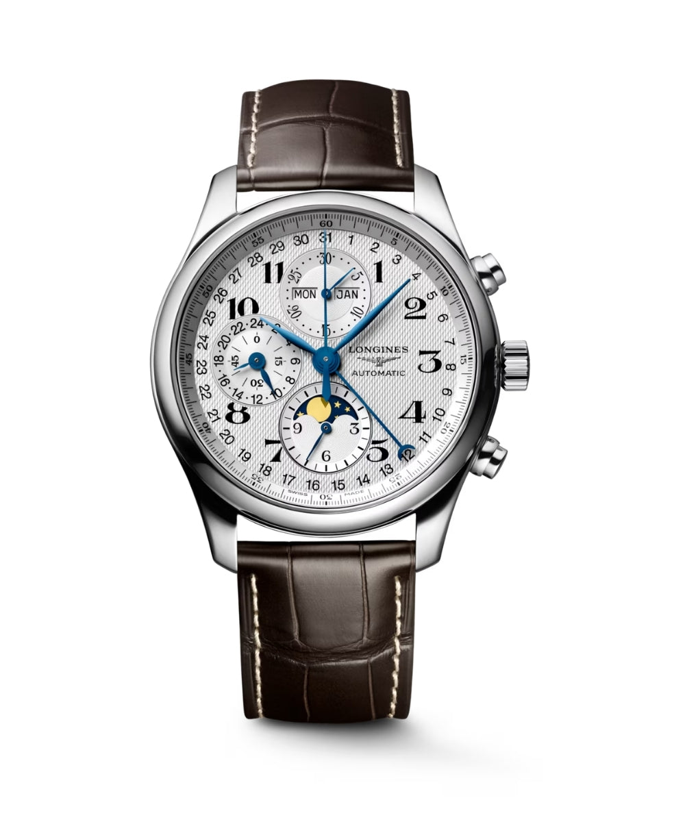 Luxury watch with a brown leather strap on a white background