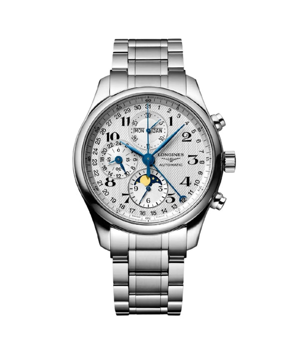 Silver wristwatch with a detailed face on a white background