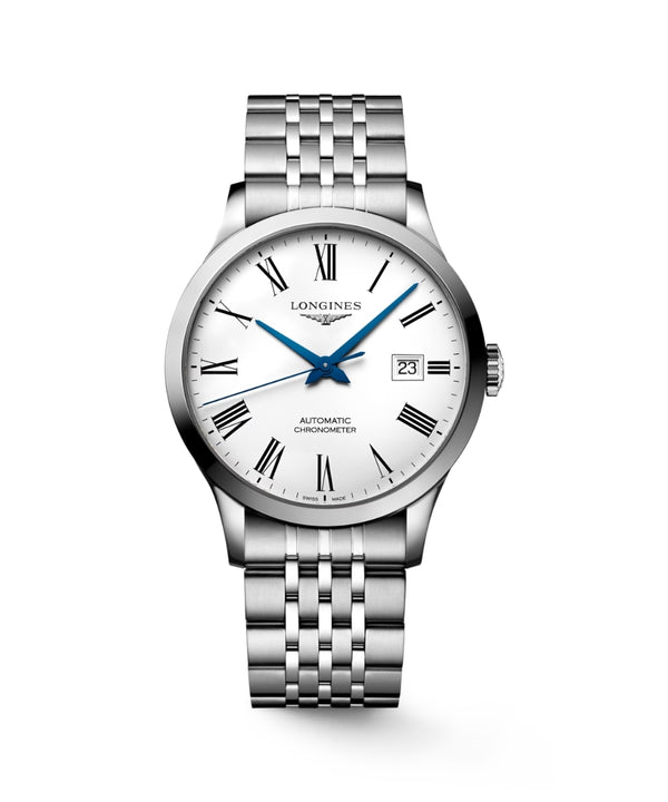 Silver Longines watch with a white face on a white background