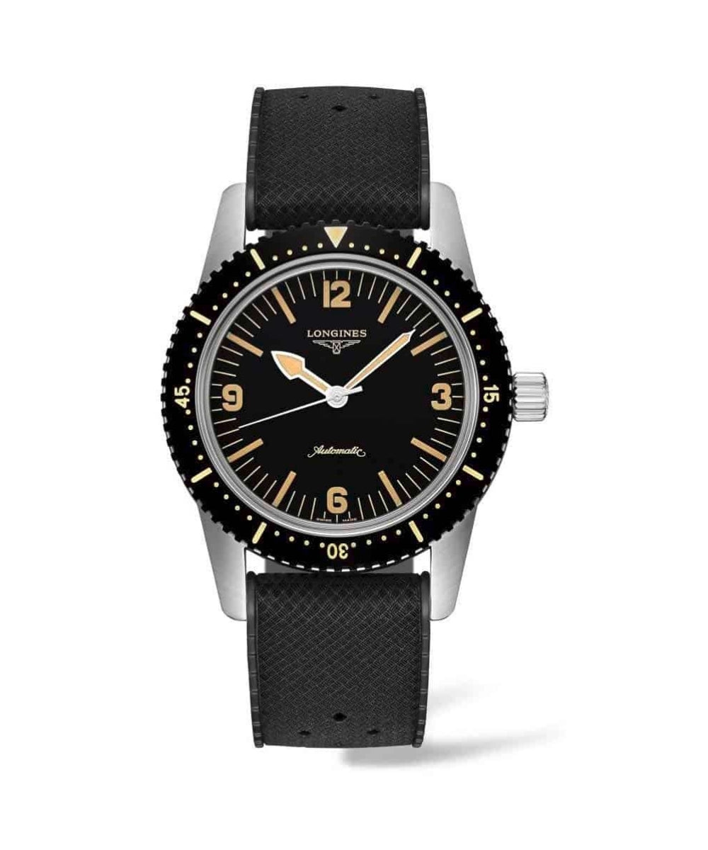 Black wristwatch with a detailed black dial on a white background