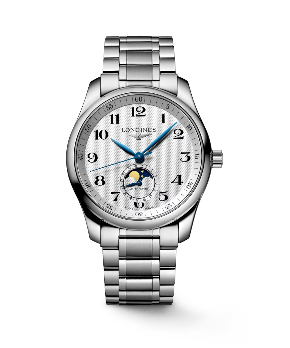 Silver Longines watch with a white face on a white background