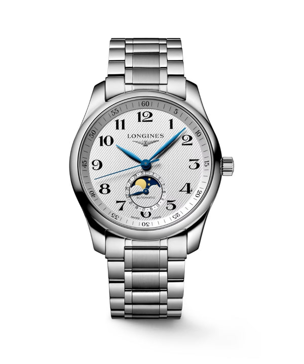 Silver Longines watch with a white face on a white background