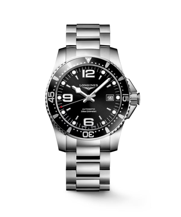 Longines watch with black dial and silver bracelet on a white background