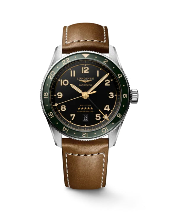 Watch with brown leather strap and black dial on a white background