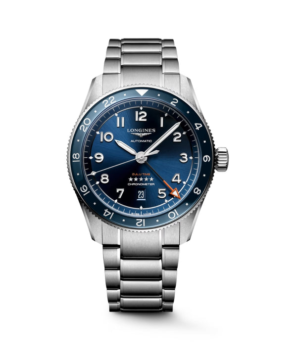 Longines watch with blue dial and silver bracelet on a white background