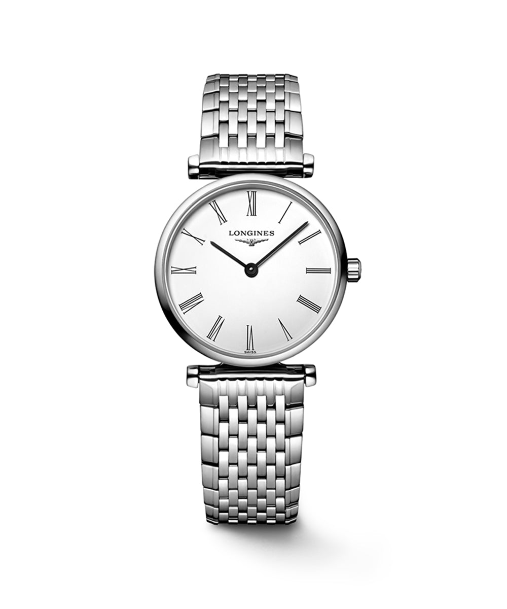 Silver watch with a white face on a white background
