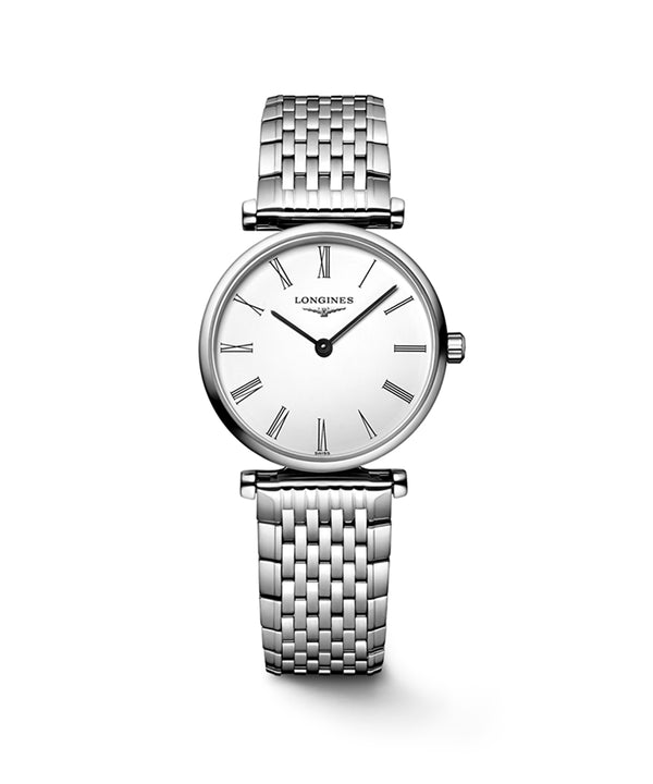 Silver watch with a white face on a white background
