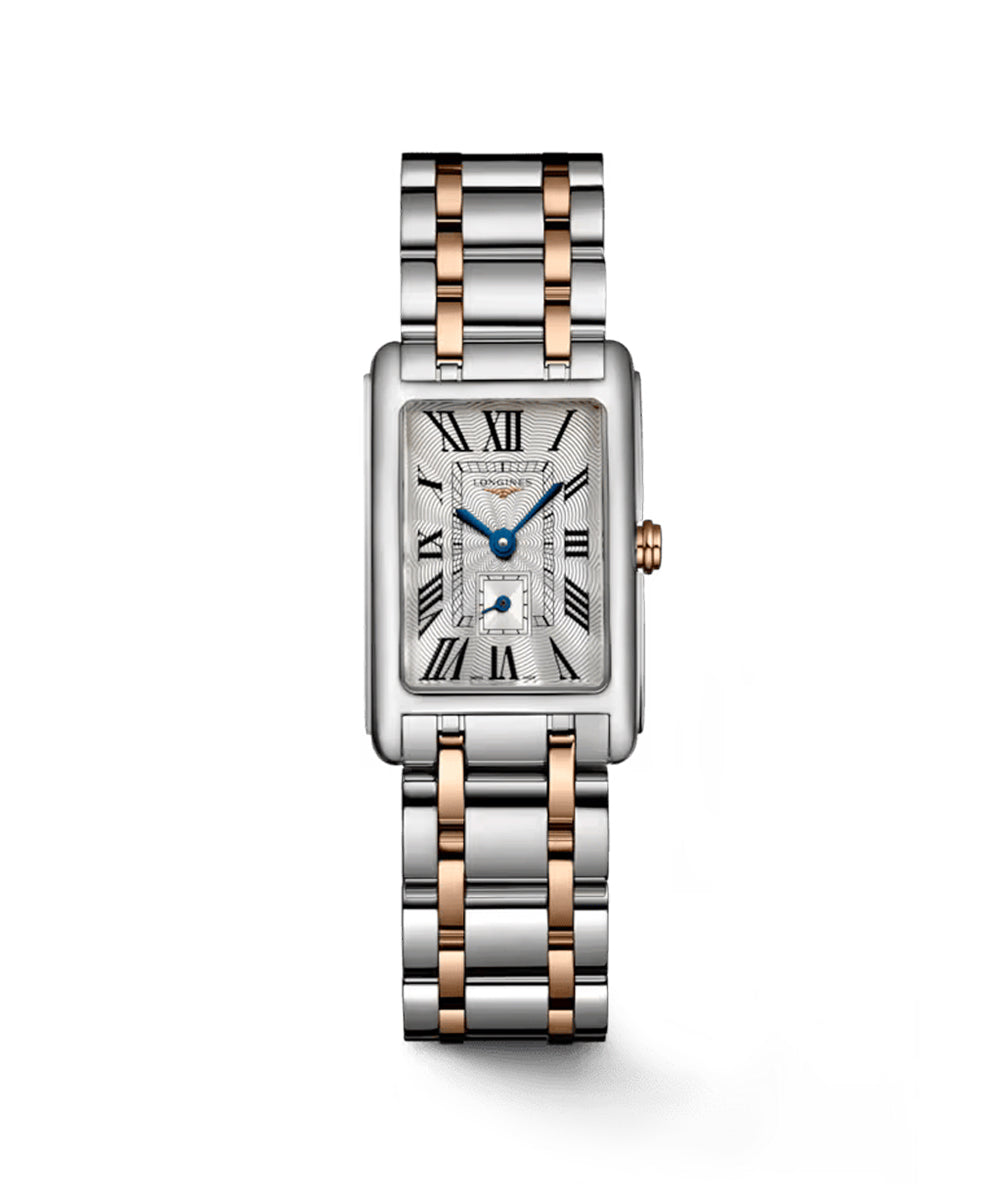 Luxury watch with silver and rose gold band on a white background