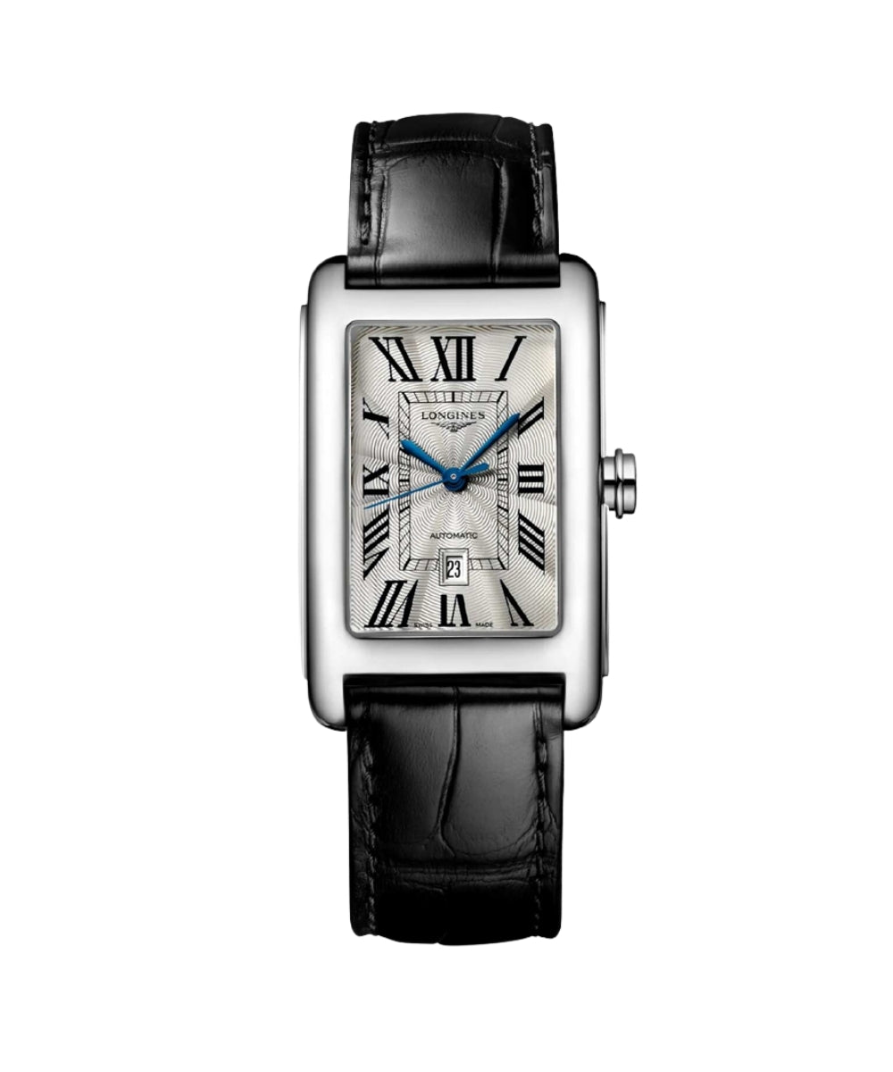Luxury watch with black leather strap and silver case on a white background